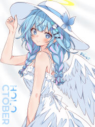  1girl absurdres adjusting_clothes adjusting_headwear angel_wings arm_up artist_name bare_shoulders blue_bow blue_eyes blue_hair blue_nails blunt_bangs bow braid breasts butterfly_hat_ornament closed_mouth commentary cowboy_shot dress english_commentary frilled_dress frills from_side glowing glowing_halo hair_bow hair_ornament hairclip halo hat hat_ornament highres hololive hololive_dev_is light_blush long_hair looking_at_viewer low_twin_braids medium_breasts mizumiya_su multicolored_hair nail_polish parallel_hairclips pink_streaks simple_background smile solo streaked_hair sun_hat sundress traditional_halo twin_braids twitter_username two-tone_hair varliet virtual_youtuber white_background white_dress wings x_hair_ornament 