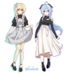  2girls absurdres ahoge alternate_costume black_footwear black_horns black_socks black_sweater blonde_hair blue_hair flower full_body fuusuke_(fusuke208) ganyu_(genshin_impact) genshin_impact goat_horns hair_flower hair_ornament highres horns long_hair long_skirt lumine_(genshin_impact) multiple_girls short_hair_with_long_locks skirt skirt_hold sleeves_past_wrists smile socks sweater violet_eyes white_skirt yellow_eyes 