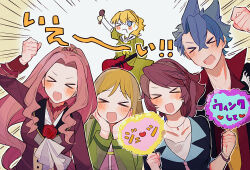  >_< >_o :d ;d alan_aramaki arm_up ascot bakara_(19083210) black_jacket blonde_hair blue_eyes blue_jacket blush blush_stickers braid brown_hair collarbone collared_shirt commentary_request contrast_lapels curtained_hair excited film_grain fist_pump flower green_jacket guitar hair_between_eyes hand_fan hands_on_own_cheeks hands_on_own_face hayashibara_julie heart-shaped_fan highres higurashi_no_naku_koro_ni holding holding_fan holding_microphone houjou_satoko in-franchise_crossover instrument jacket jewelry lapels long_hair long_sleeves medium_hair microphone necklace notched_lapels one_eye_closed open_clothes open_collar open_jacket open_mouth pink_shirt ponytail red_flower red_jacket red_rose red_shirt rose rose_guns_days rose_haibara shirt smile spiky_hair takano_miyo translation_request umineko_no_naku_koro_ni white_ascot 
