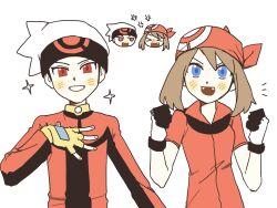  1boy 1girl 28_(eep228) :d bandana beanie blue_eyes blush brendan_(pokemon) brown_hair chibi clenched_hands commentary_request fangs fingerless_gloves gloves grin hands_up hat highres jacket korean_commentary may_(pokemon) multiple_views notice_lines open_mouth pokemon pokemon_adventures red_bandana red_eyes red_shirt shirt short_sleeves smile teeth white_background yellow_gloves 
