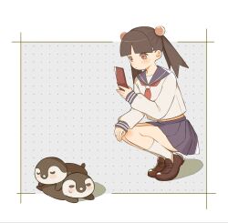  1girl baby_animal beads bird black_hair blue_sailor_collar blush brown_eyes brown_shoes cellphone commentary_request flip_phone full_body hair_beads hair_ornament highres holding holding_phone loafers long_sleeves neckerchief ono_onono0 otonashi_meru penguin penguin_chick phone pleated_skirt red_neckerchief sailor_collar sayonara_zetsubou_sensei shirt shoes skirt socks solo squatting twintails white_shirt white_socks 