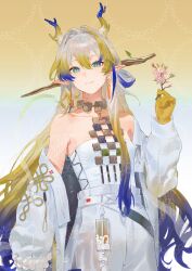  1girl absurdres arknights bare_shoulders bead_bracelet beads blonde_hair bracelet branch cherry_blossoms closed_mouth colored_extremities cowboy_shot dragon_girl dragon_horns eastern_dragon_horns eyeliner flower gradient_background grey_hair hair_between_eyes hair_intakes highres holding holding_branch horns jacket jewelry long_hair long_sleeves looking_at_viewer makeup multicolored_hair necklace off_shoulder open_clothes open_jacket orange_eyeliner pink_flower pointy_ears shi-fan_jin-jian shu_(arknights) smile solo strapless tube_top watermark watermark_grid white_jacket white_tube_top yellow_hands 
