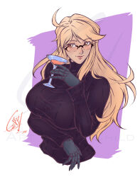  1girl alma_armas blonde_hair blush breasts brown_eyes cup dark_skin drinking_glass glasses highres large_breasts lips lipstick long_hair makeup onichild pinup_(style) prosthesis prosthetic_arm ribbed_sweater signature simple_background solo sweater upper_body va-11_hall-a watermark wine_glass 