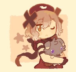  black_dress blonde_hair bow carrying closed_mouth commentary_request dress espurr frills gloves hair_ornament hat hug hug_from_behind magical_girl mahou_shoujo_ikusei_keikaku mahou_shoujo_ikusei_keikaku_restart nurse_cap pokemon shadowgale short_hair soleidekmo x_hair_ornament 