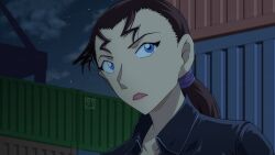  1girl anime_coloring artist_name black_hair black_jacket blue_eyes collared_jacket dark highres jacket looking_to_the_side low_ponytail meitantei_conan mizunashi_rena night outdoors parted_lips ponytail portrait red_lips shika_no_conan shipping_container solo 