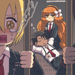  1boy 3girls 793_(oo793oo) black_coat black_vest blonde_hair bow brown_hairband chest_harness closed_mouth coat commentary_request crying don_quixote_(project_moon) expressionless freckles hair_bow hairband harness heathcliff_(project_moon) ishmael_(project_moon) lap_pillow limbus_company long_hair multiple_girls necktie open_mouth orange_hair outis_(project_moon) project_moon red_necktie rope short_hair sidelocks sleeping very_long_hair vest white_bow yellow_eyes 