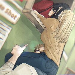  1boy 2girls ass black_hair blonde_hair blue_pants brother_and_sister brown_hair brown_sweater carrying commentary_request denim erica_(hoshizora_no_shita) half_updo hoshizora_no_shita indoors jeans kana_(hoshizora_no_shita) kiss long_hair multiple_girls original pants piggyback red_sweater short_hair siblings sunglasses sweater through_window thumbs_up yuri 