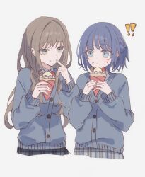  ! !! 2girls aqua_eyes bang_dream! bang_dream!_our_notes black_skirt blue_hair brown_hair buttons cropped_torso eating eye_contact finger_to_own_chin food green_eyes grey_skirt grey_sweater hamasaki_mahoro highres holding holding_food kotohira_nagi light_smile long_hair looking_at_another multiple_girls nianamo61 plaid_clothes plaid_skirt short_hair simple_background skirt sweater white_background 