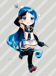  1girl black_gloves black_neckerchief black_sailor_collar blue_eyes blue_hair blush commentary_request crossed_bandaids deformed diagonal-striped_background elbow_gloves gloves grey_background hand_up inogashi kantai_collection long_hair neckerchief open_mouth sailor_collar samidare_(kancolle) school_uniform shirt skirt sleeveless sleeveless_shirt solo squiggle striped_background tears thigh-highs very_long_hair white_skirt 