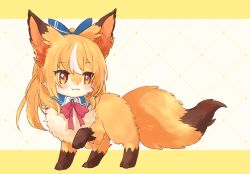  :3 animal animal_focus animal_with_hair animalization blue_bow blush bow bowtie closed_mouth commentary_request detached_collar fox full_body hair_bow hololive long_hair multicolored_hair nako_(user_wnnm5534) no_humans orange_eyes orange_hair red_bow red_bowtie shiranui_flare solo streaked_hair white_streaks 