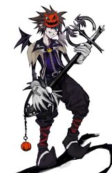  1boy absurdres alternate_costume bat_wings blue_eyes brown_hair cho5782 commentary crown_necklace fangs gloves halloween halloween_costume highres holding holding_weapon jack-o'-lantern jacket keyblade kingdom_hearts kingdom_hearts_ii male_focus mask mask_on_head mask_over_one_eye official_alternate_costume open_mouth pants pointy_shoes pumpkin_mask pumpkinhead_(keyblade) short_hair smile solo sora_(halloween_town)_(kingdom_hearts) sora_(kingdom_hearts) spiky_hair the_nightmare_before_christmas untranslatable_commentary weapon white_gloves wings x-blade 