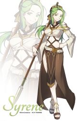  1girl absurdres breasts character_name cosplay dante_(fire_emblem) dante_(fire_emblem)_(cosplay) fire_emblem fire_emblem:_fortune's_weave fire_emblem:_the_sacred_stones full_body green_eyes green_hair hand_on_own_hip highres holding holding_polearm holding_weapon long_hair medium_breasts polearm silvercandy_gum simple_background smile solo syrene_(fire_emblem) watermark weapon white_background zoom_layer 