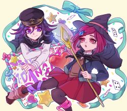  1boy 1girl ace_(playing_card) ace_of_diamonds ayataka_(tmtayata) black_cape black_hat black_pantyhose brown_sweater_vest cape card commentary_request danganronpa_(series) danganronpa_v3:_killing_harmony diamond_(shape) five_of_spades four_of_clubs four_of_diamonds hair_ornament hat holding holding_staff jacket oma_kokichi pantyhose playing_card purple_hair red_eyes red_skirt shirt short_hair skirt smile staff sweater_vest violet_eyes white_shirt witch_hat yumeno_himiko 