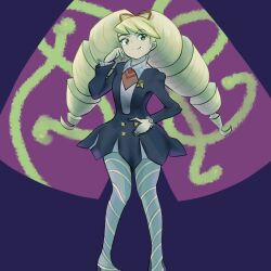  1girl blonde_hair blue_dress blue_pantyhose commentary_request dress drill_hair green_eyes hokokara long_hair luna_platz_(mega_man) mega_man_(series) mega_man_star_force_(series) pantyhose simple_background smile striped_clothes striped_pantyhose twin_drills very_long_hair 
