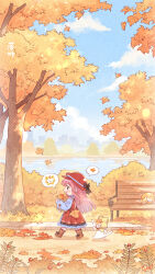  1girl ^^^ absurdres ahoge animal ankle_socks artist_request autumn autumn_leaves bag bench berry black_bow black_ribbon blue_dress boots bow bowtie brown_boots brown_eyes bush cat chibi chinese_commentary cloak clothed_animal commentary_request copyright_name covered_eyes dress ear_covers falling_leaves footwear_ribbon frilled_dress frilled_sleeves frilled_socks frills happy hat hat_bow highres holding holding_bag hood hood_up hooded_cloak lake layered_dress leaf long_hair long_sleeves looking_ahead medium_dress momo_(nikki) newsboy_cap nikki_(nikki) nikki_(series) official_art open_mouth orange_bag orange_socks paper_bag pink_hair pleated_dress puffy_long_sleeves puffy_sleeves red_bow red_bowtie red_dress red_hat ribbon road second-party_source shadow shining_nikki shoulder_bag smile socks speech_bubble spoken_animal spoken_character spoken_object street tabby_cat tareme teeth tree upper_teeth_only very_long_hair walking whiskers white_cat wind yellow_cloak 