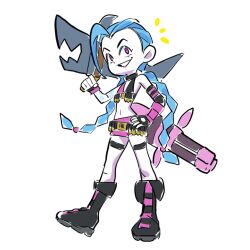  1girl ammunition_belt anjohink black_boots black_gloves blue_hair boots braid commentary commission english_commentary eyelashes fingerless_gloves full_body gloves hand_on_own_hip holding holding_weapon jinx_(league) ko-fi_commission league_of_legends long_hair midriff navel notice_lines pink_eyes pink_shorts shorts simple_background smile solo standing twin_braids twintails very_long_hair weapon white_background 