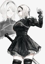  1girl 2b_(nier:automata) 2b_(nier:automata)_(cosplay) black_hairband black_thighhighs blindfold commentary_request cosplay cowboy_shot faust_(project_moon) frilled_sleeves frills hairband hand_up harume_neko highres limbus_company long_sleeves nier:automata nier_(series) project_moon short_hair simple_background solo sword thigh-highs weapon white_background white_hair 