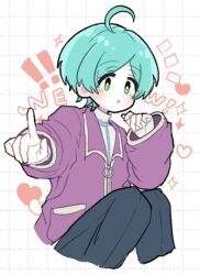  ! !! 1boy ahoge blue_hair bright_pupils commentary_request ensemble_stars! green_eyes grid_background hands_up heart knees_up layered_sleeves long_sleeves looking_at_viewer male_focus mani_(pukakaka09) notice_lines open_mouth shinkai_kanata short_hair solo sparkle white_pupils zipper_pull_tab 