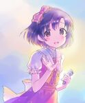  1girl back_bow black_hair blush bow bowtie brown_eyes dress earrings hair_bow hairband holding holding_microphone idolmaster idolmaster_cinderella_girls jewelry kawaseki looking_at_viewer microphone open_mouth shiragiku_hotaru short_hair short_sleeves sketch smile solo upper_body waving 