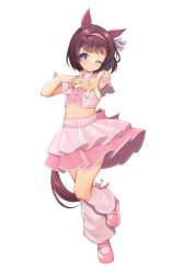  1girl absurdres animal_ears back_bow blowing_kiss blunt_bangs blush bow bow_legwear brown_hair clothing_cutout commentary cowboy_shot cropped_shirt detached_collar ear_bow ear_covers ear_flower ear_ornament full_body hair_ornament hairband hands_up heart highres horse_ears horse_girl horse_tail layered_skirt leg_up looking_at_viewer loose_socks meni_shuki_rush-sshu! midriff nishino_flower_(umamusume) one_eye_closed parted_lips pink_bow pink_hairband pink_shirt pink_shoes pink_skirt reaching reaching_towards_viewer shirt shoes short_hair shoulder_cutout skirt smile socks solo standing tail umamusume violet_eyes white_background white_bow x_hair_ornament yashin_(yasinz) 