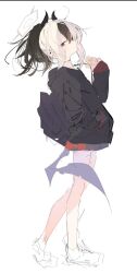  1girl backpack bag black_bag black_hair black_hoodie black_horns blue_archive demon_horns full_body grey_wings halo hand_in_pocket highres hood hoodie horns katata kayoko_(blue_archive) long_sleeves looking_at_viewer multicolored_hair ponytail red_eyes simple_background single_wing sketch solo standing two-tone_hair white_background white_hair wings 