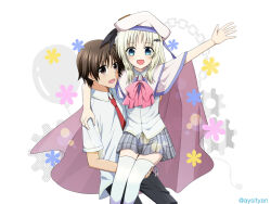  1girl :d arms_around_neck bat_hair_ornament beret black_pants blue_eyes blush bow bowtie brown_eyes brown_hair cape collared_shirt commentary_request dress_shirt feet_out_of_frame grey_hair grey_skirt hair_ornament happy hat highres little_busters! little_busters!_school_uniform long_hair looking_at_viewer miniskirt naoe_riki necktie noumi_kudryavka open_mouth outstretched_arm outstretched_hand pants pink_bow pink_bowtie plaid_clothes plaid_skirt pleated_skirt red_necktie sai_(aysityan) school_uniform shirt short_hair sidelocks simple_background sitting sitting_on_lap sitting_on_person skirt smile solo standing thigh-highs twitter_username waving white_background white_cape white_hat white_shirt white_thighhighs zettai_ryouiki 