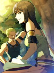  1boy 1girl armlet black_hair blue_tank_top commentary_request cowboy_hat forest gen_me goggles goggles_around_neck hand_on_own_hip hat highres jewelry looking_at_another nature nico_robin one_piece outdoors roronoa_zoro sitting smile tank_top white_hat yawning 