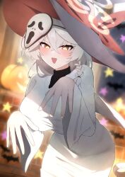  1girl blue_archive bow braid breasts eri_(blue_archive) ghost_costume halloween halloween_costume halo hat highres jack-o'-lantern large_breasts long_hair masamasastar55 mask mask_on_head open_mouth sheet_ghost witch_hat 