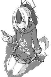  1girl absurdres arm_support blue_archive cellphone commentary_request eyebrows_hidden_by_hair full_body hair_between_eyes halo highres holding holding_phone hood hood_down hoodie horns kayoko_(blue_archive) long_sleeves looking_at_viewer low_wings multicolored_hair no_shoes phone plaid_clothes plaid_skirt pleated_skirt ponytail shadow simple_background single_wing sitting skirt socks solo suzuya_material two-tone_hair wariza white_background wings 