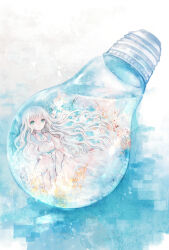  1girl blue_eyes blue_theme blurry closed_mouth commentary_request depth_of_field dress fantasy floating flower fringe_trim glass highres hina_(pico) light_bulb light_particles long_hair looking_at_viewer original petals scenery simple_background soft_focus solo sparkle transparent upper_body water white_dress white_hair wide_shot 