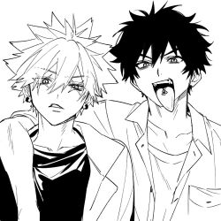  2boys arm_around_shoulder buttons cross_scar dress_shirt earrings fangs greyscale hair_between_eyes jewelry kanzaki_kaoru kaohom503 looking_at_viewer male_focus monochrome multiple_boys phantom_busters scar shirt shishikuno_mogari short_hair simple_background straight-on t-shirt tattoo teeth tongue tongue_out tongue_tattoo upper_body white_background 