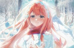  1girl aliu6624 blue_sky brown_eyes character_snowman chinese_commentary commentary_request day eyelashes eyes_visible_through_hair forest frilled_hairband frills hairband happy highres holding_snowman lace-trimmed_sleeves lace_trim light_blush long_hair long_sidelocks momo_(nikki) nature nikki_(nikki) nikki_(series) open_mouth outdoors pink_hair red_scarf scarf shining_nikki shirt short_sleeves sidelocks sky smile snow snowing snowman solo straight-on teeth upper_body upper_teeth_only very_long_hair white_hairband white_shirt winter 