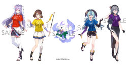  1other 4girls :d ;d ahoge alicecoco asymmetrical_skirt ayakaki_(nijisanji) bell black_gloves black_hair black_hat black_shoes black_shorts black_skirt blue_eyes blue_hair blue_shirt bracelet breasts brown_hair chibikemo commentary company_name copyright_notice double_bun fingerless_gloves floating full_body furry gloves green_shirt hair_bun hair_ornament hair_ribbon hand_in_own_hair hat high_heel_sandals high_heels holding jewelry jiangshi jingle_bell kanzashi kisara_(nijisanji) kozue_mone long_hair looking_at_viewer lunlun_(nijisanji) multiple_girls nijisanji nijisanji_fes_t-shirt official_art one_eye_closed open_hand purple_hair purple_shirt red_eyes red_shirt ribbon sample_watermark sandals shiga_riko shirt shoes short_hair short_sleeves shorts simple_background single_thighhigh skirt smile standing standing_on_one_leg t-shirt tamanoi_nana tassel tassel_hair_ornament thigh-highs thigh_strap twintails virtual_youtuber watermark white_background white_skirt white_thighhighs wristband yellow_eyes yellow_ribbon yellow_shirt zhuang_hat 