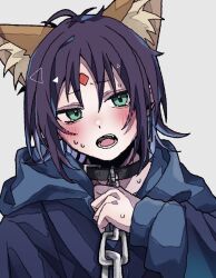  1girl animal_ears black_collar blue_hoodie blue_kimono blush chain cho_kaguya-hime! collar commentary_request fang forehead_jewel fox_ears fox_girl green_eyes grey_background higano_(higano25) hood hood_down hoodie japanese_clothes kimono medium_hair open_mouth purple_hair sakayori_iroha sakayori_iroha_(tsukuyomi) simple_background solo teeth upper_body 