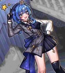  1girl absurdres ahoge belt black_gloves black_skirt black_thighhighs blue_belt blue_eyes blue_hair blue_necktie blue_ribbon blurry blurry_background blush collared_shirt commentary_request crown double-parted_bangs dutch_angle earrings frilled_skirt frills gloves grey_jacket grey_skirt hair_ribbon hand_on_own_hip hand_up highres hololive hoshimachi_suisei hoshimachi_suisei_(1st_costume) jacket jewelry layered_skirt long_sleeves medium_hair mini_crown miniskirt multiple_belts necktie onemore_1more open_mouth partially_fingerless_gloves plaid_clothes plaid_jacket pleated_skirt ribbon salute shirt side_ponytail single_thighhigh skirt skirt_set sleeve_cuffs solo standing star_(symbol) star_earrings star_in_eye swept_bangs symbol_in_eye thigh-highs two-finger_salute virtual_youtuber white_shirt 
