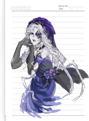  1girl arm_cutout bare_shoulders black_choker black_gloves blue_dress blue_eyes blue_flower blue_lips blue_rose bone bridal_veil bride chinese_commentary choker clothing_cutout commentary_request cropped_legs diamond_cutout dress dress_flower elbow_gloves expressionless eyelashes eyeshadow fingerless_gloves flower flower_in_eye gloves hair_flower hair_ornament hands_on_own_face highres infinity_nikki lace-trimmed_choker lace_trim laibeibingnatie87107 lipstick long_hair long_sidelocks looking_at_viewer makeup nameless_selfless_(infinity_nikki) nikki_(series) off-shoulder_dress off_shoulder own_hands_together pale_skin parted_lips purple_eyeshadow purple_flower purple_rose purple_veil rose short_sleeves sidelocks solo symbol_in_eye teeth veil very_long_hair wavy_hair wedding_dress white_background white_hair 