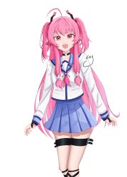  1girl :d absurdres ahoge angel_beats! ankle_lace-up black_choker blue_sailor_collar blue_skirt brown_ribbon choker collarbone commentary eyelashes fang feet_out_of_frame hair_ribbon highres long_hair long_sleeves looking_at_viewer miniskirt neckerchief open_mouth pink_eyes pink_hair pink_neckerchief pleated_skirt ribbon sailor_collar sailor_shirt school_uniform serafuku shinda_sekai_sensen_uniform shirt sidelocks signature simple_background skin_fang skirt smile solo standing straight_hair thigh_strap two_side_up very_long_hair viiey white_background white_shirt yui_(angel_beats!) 
