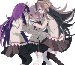  3girls a_umanee black_hair black_hairband bow bowtie girl_sandwich hair_ribbon hairband highres juliet_sleeves kaname_madoka long_hair long_sleeves mahou_shoujo_madoka_magica mahou_shoujo_madoka_magica:_walpurgis_no_kaiten mitakihara_school_uniform multiple_girls pink_eyes pink_hair puffy_sleeves red_bow red_bowtie red_eyes ribbon sandwiched school_uniform short_twintails skirt smile twintails wasu_(madoka_magica) 
