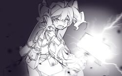  1girl anpolly armor baggy_pants belt_pouch commentary_request cowboy_shot fortress_(sekaiju) fortress_2_(sekaiju) glowing glowing_weapon greyscale hair_between_eyes hammer holding holding_hammer holding_shield long_hair looking_at_viewer monochrome open_mouth pants pouch sekaiju_no_meikyuu sekaiju_no_meikyuu_4 shield sketch solo teeth twintails upper_teeth_only v-shaped_eyebrows weapon 