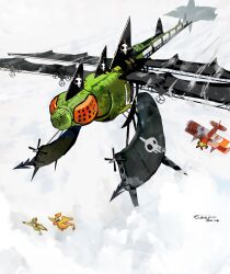  2026 2others absurdres aircraft airplane airplane_wing blue_scarf bomber charizard clouds cloudy_sky dragon_wings flygon flying highres insignia metal_skin military_vehicle multiple_others objectification pokemon pokemon_(creature) scarf sky sukepmonster turbine white_background wings yanma yanmega 