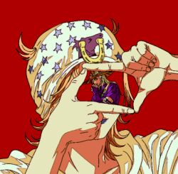  2boys beanie blonde_hair blue_lips bridal_gauntlets brown_hair brown_hat commentary_request cowboy_hat finger_frame fingernails goggles goggles_on_headwear gyro_zeppeli hat hood hood_down hoodie horse_print horseshoe_hat_ornament horseshoe_ornament johnny_joestar jojo_no_kimyou_na_bouken korean_commentary lipstick long_hair makeup male_focus medium_hair mini_person miniboy multiple_boys purple_bridal_gauntlets purple_shirt red_background rideaboat shirt short_sleeves simple_background star_(symbol) star_print steel_ball_run white_hat white_hoodie 