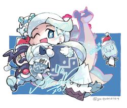  1girl :d ;d bag blue_bag blue_eyes blue_leggings boots bright_pupils chibi closed_eyes clothed_pokemon commentary_request dynamax earrings eiscue eiscue_(ice) eyelashes fur-trimmed_headwear fur_trim galarian_darumaka gigantamax gigantamax_lapras hat highres holding holding_bag holding_sack ice_type_theme_(pokemon) jewelry lapras leggings long_hair long_sleeves melony_(pokemon) mr._rime one_eye_closed open_mouth outline pokemon pokemon_sword_and_shield pokemon_team red_hat sack santa_hat shirt shorts signature simple_background smile snom snover teeth twitter_username very_long_hair white_boots white_hair white_hat white_outline white_pupils white_shirt white_shorts yellow_eyes yu_quan0709 