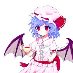 1girl back_bow bat_wings blue_hair bow chinese_commentary collared_shirt commentary_request frilled_shirt_collar frills hat hat_ribbon highres looking_at_viewer medium_hair mob_cap mop_(pixiv_127453478) pink_hat pink_shirt pink_skirt puffy_short_sleeves puffy_sleeves red_bow red_eyes remilia_scarlet ribbon shirt short_sleeves simple_background skirt skirt_set sleeve_bow solo touhou white_background wings 
