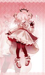 1other absurdres bow bowtie capelet colored_skin commentary_request dream81059082 dress frilled_dress frilled_dress_collar frilled_sleeves frills halo highres limbus_company long_sleeves open_mouth pink_background project_moon puffy_long_sleeves puffy_sleeves pwie_(project_moon) red_halo red_ribbon red_skin ribbon shoes smile socks solo white_bow white_bowtie white_capelet white_dress white_shoes white_skin white_socks 