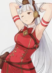  1girl animal_ears armpits arms_behind_head arms_up blunt_bangs bow bowtie breasts brown_eyes brown_hat chanosuke closed_mouth dress gloves gold_ship_(red_strife)_(umamusume) gold_ship_(umamusume) grey_background grey_hair hat horse_ears horse_girl long_hair medium_breasts one_eye_closed pillbox_hat red_bow red_bowtie red_dress simple_background sleeveless sleeveless_dress solo umamusume white_gloves 