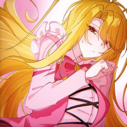  0o_h2so4_xx 1girl blonde_hair don_quixote_(project_moon) e.g.o_(project_moon) gradient_background highres in_the_name_of_love_and_hate_(e.g.o) limbus_company lobotomy_corporation_(identity)_(project_moon) long_hair looking_at_viewer magical_girl official_alternate_costume pink_vest project_moon solo vest 