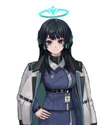  1girl animated animated_gif belt black_belt black_eyes black_hair blue_jacket breasts closed_mouth coat coat_on_shoulders commentary comparison english_commentary ggoryangju grey_coat hair_intakes hand_on_own_hip headset highres id_card jacket lethe_(soulers) long_hair long_sleeves official_art simple_background smile solo soulers star_(symbol) star_in_eye symbol_in_eye upper_body white_background 