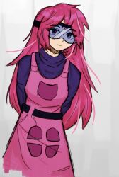  1girl apron arms_behind_back belt black_belt blue-tinted_eyewear closed_mouth commentary cropped_legs english_commentary goggles hatching_(texture) highres jumpsuit kerakn kip_silverpoint light_smile linear_hatching long_hair looking_at_viewer oneshot_(game) pink_apron pink_eyes pink_hair purple_jumpsuit signature solo tinted_eyewear turtleneck white_background 