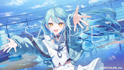  1girl :d ahoge black_choker black_ribbon blue_hair blue_jacket blue_sky choker city commentary company_name copyright_notice day floating_hair jacket long_sleeves looking_at_viewer midriff neck_ribbon nijisanji official_art open_clothes open_jacket outdoors outstretched_arms pjkuasu reaching reaching_towards_viewer reflection ribbon sailor_collar sample_watermark school_rooftop school_uniform serafuku shirt skirt sky smile solo star-shaped_pupils star_(symbol) symbol-shaped_pupils tamanoi_nana tamanoi_nana_(school_uniform) virtual_youtuber water watermark white_sailor_collar white_shirt white_skirt yellow_eyes 