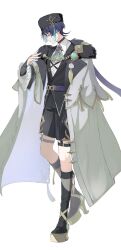  1boy alternate_costume anemo_symbol_(genshin_impact) aqua_ascot aqua_gem ascot belt bishounen black_boots black_hat black_jacket black_shorts black_sleeves blunt_ends boots brooch chain closed_mouth coat coat_on_shoulders collared_shirt colored_inner_hair commentary_request dress_shirt expressionless feathers fingernails formal_clothes full_body fur-trimmed_coat fur-trimmed_sleeves fur_hat fur_trim gem genshin_impact gold_chain gold_ring hand_up hat hat_tassel high_heel_boots high_heels highres jacket jewelry knee_boots lapels legwear_garter looking_down male_focus middle_ring multicolored_hair notched_lapels open_hand papakha platform_boots pom_pom_(clothes) purple_belt purple_gem purple_hair retujyo4go scaramouche_(genshin_impact) shirt shorts solo three-quarter_sleeves tsurime undershirt violet_eyes wanderer_(genshin_impact) white_background white_coat white_shirt wolf_cut yellow_feathers 